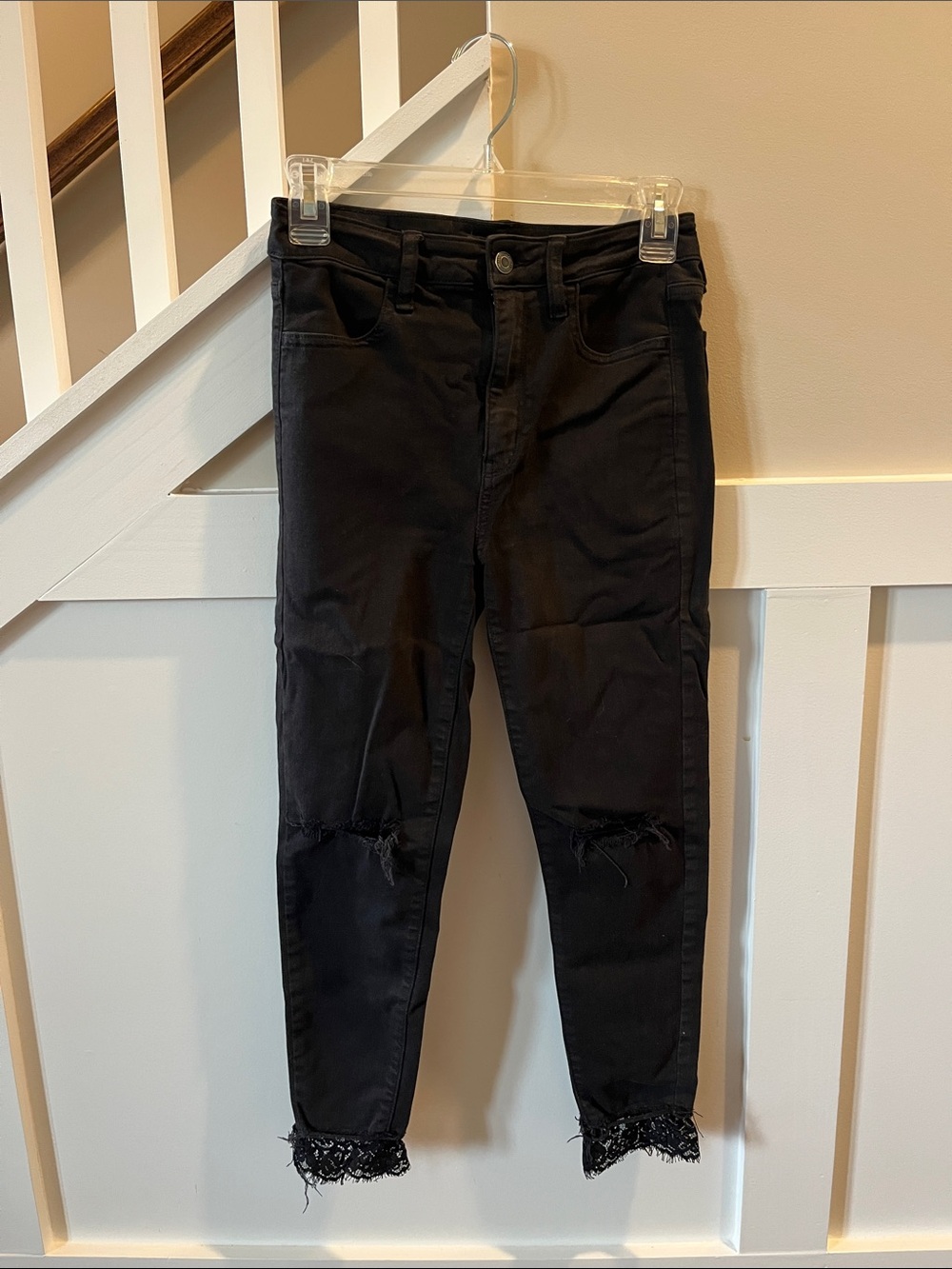 American Eagle Outfitters Black Skinny Jeans with Lace Hem